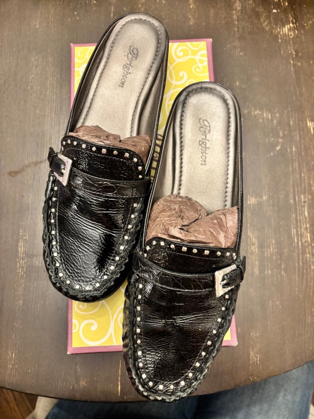 Brighton Meme black croc/krinkle patent leather mule
